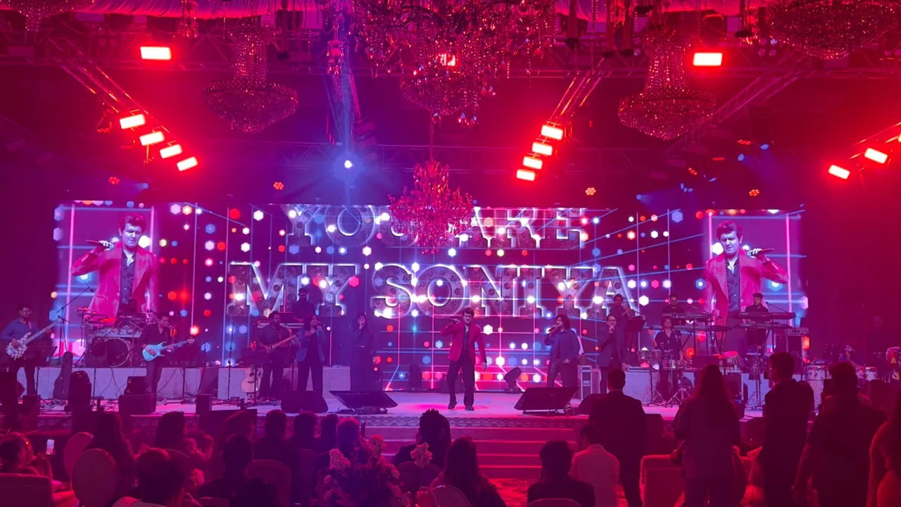 Sonu Nigam performing with his band at Fairmont Mumbai